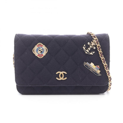Chanel Shoulder Bag Quilted Marine Charm Navy Wool Leather Chain Wallet