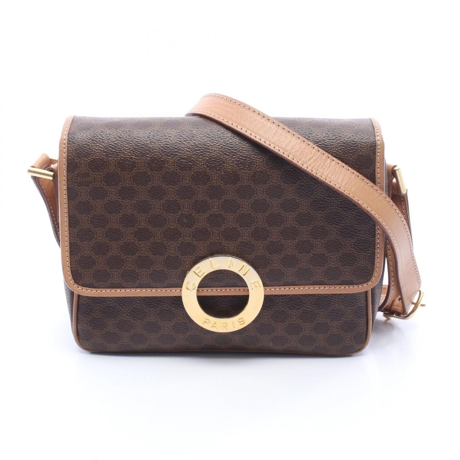 Celine Shoulder Bag Macadam Circle Logo Dark Brown Canvas Leather