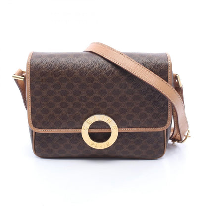 Celine Shoulder Bag Macadam Circle Logo Dark Brown Canvas Leather
