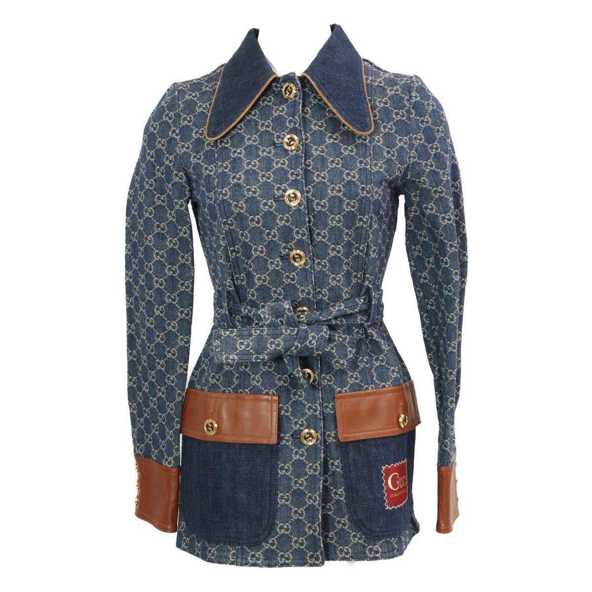 Gucci GG Denim Leather Trim Square Patch Belted 34 Jacket