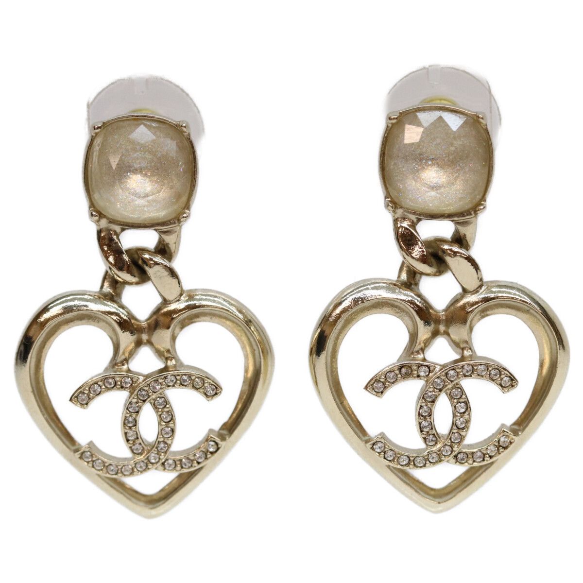 Chanel Gold CC Logo Heart Rhinestone Earrings