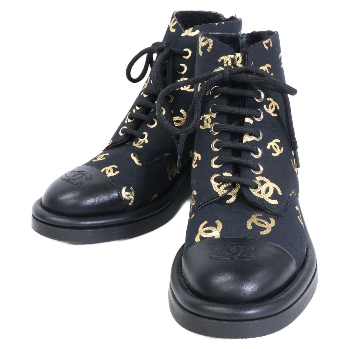 Chanel CC Logo Print Canvas Back Boa Short Boots 36c