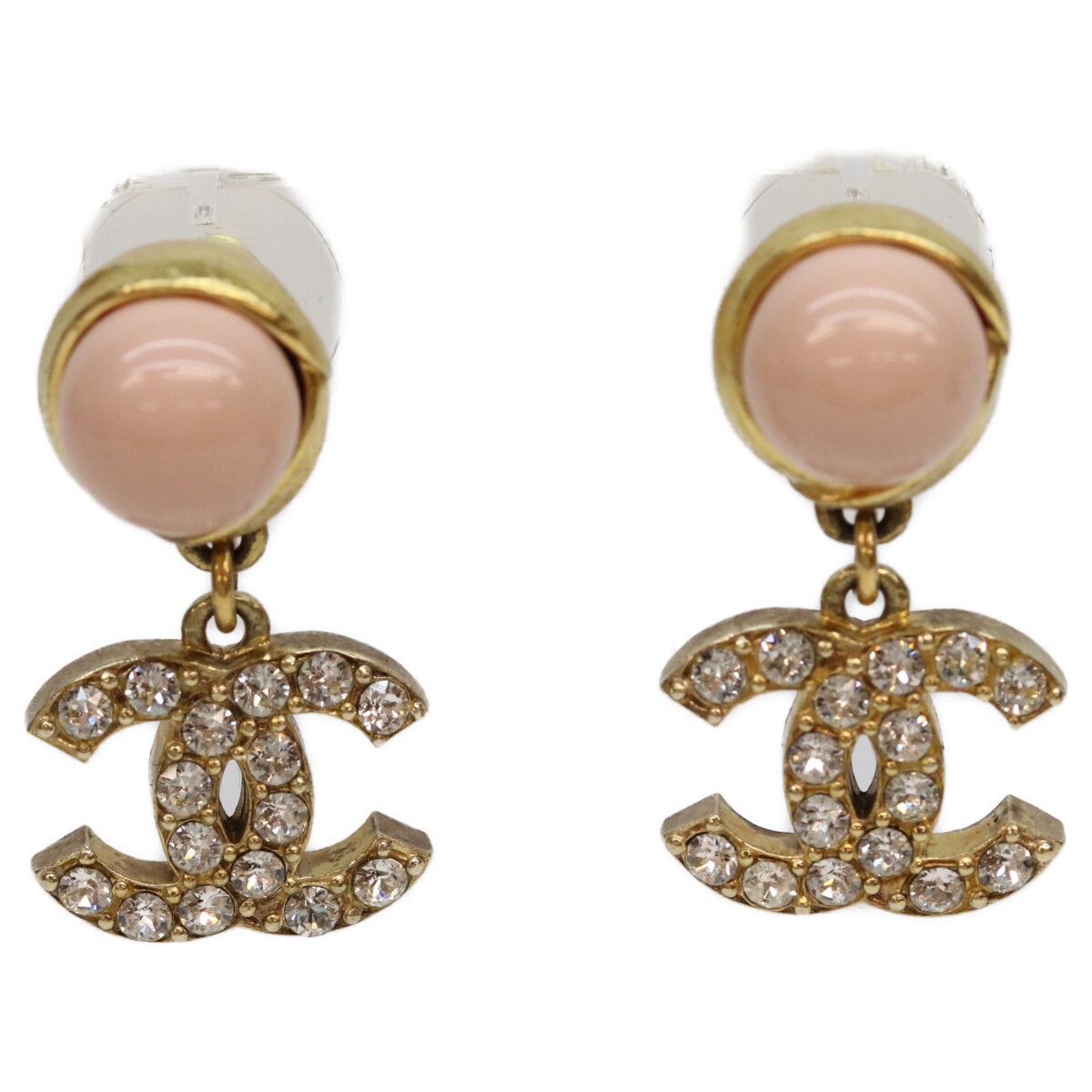 Chanel Pink Pearl Gold CC Logo Rhinestone Earrings