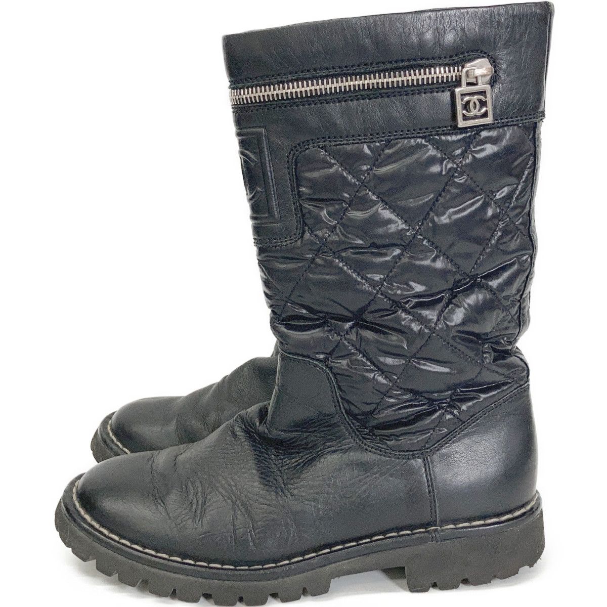 Chanel CC Logo Quilted Nylon Leather Boots — view 2