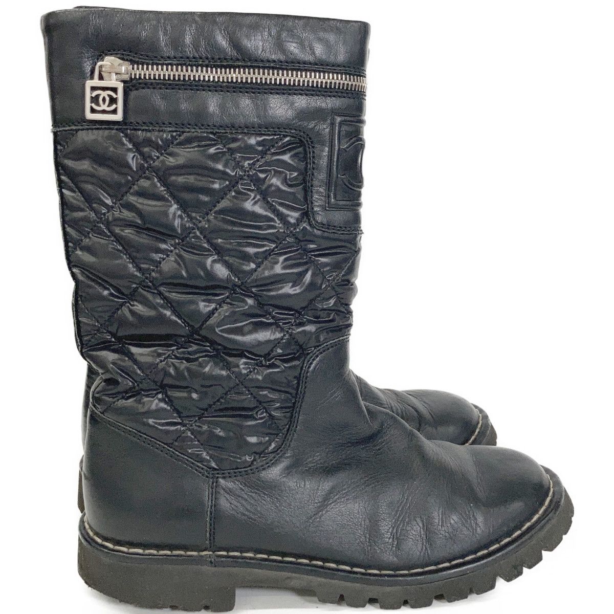 Chanel CC Logo Quilted Nylon Leather Boots — view 4