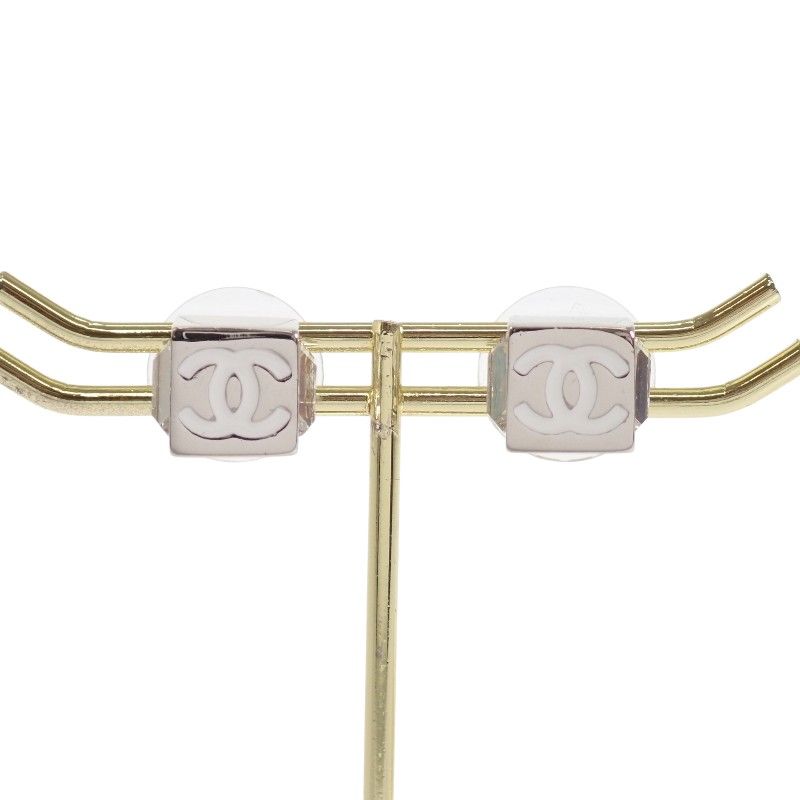 Chanel CC Cube Square Earrings Both Ears Stud Metal Crystal Clear Strass Silver