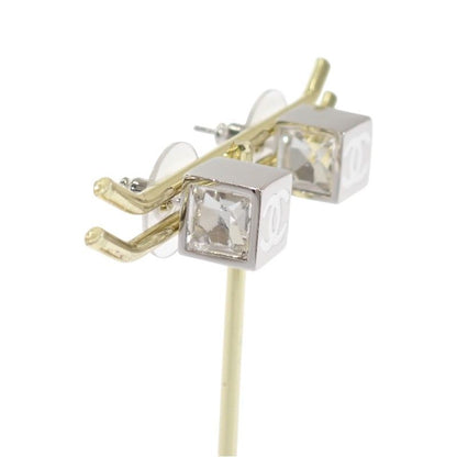 Chanel CC Cube Square Earrings Both Ears Stud Metal Crystal Clear Strass Silver — view 2