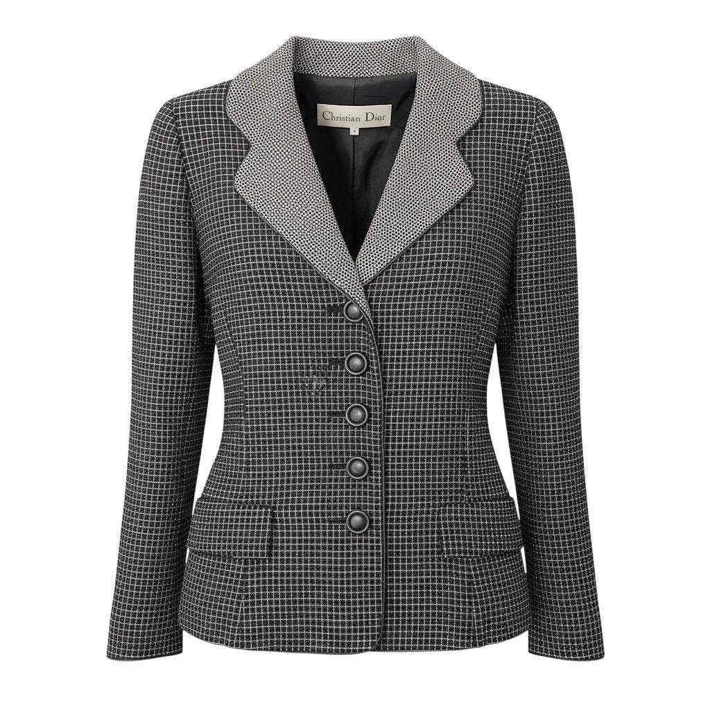 Dior Tailored Jacket Leather Piping Plaid All Over Pattern 9 Black White