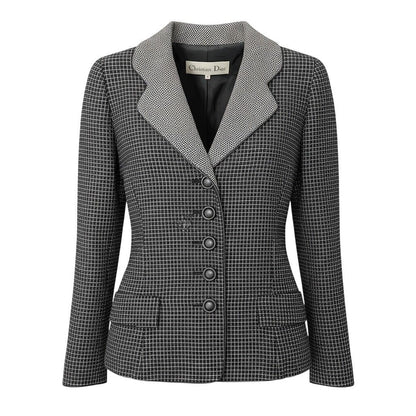 Dior Tailored Jacket Leather Piping Plaid All Over Pattern 9 Black White
