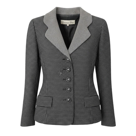 Dior Tailored Jacket Leather Piping Plaid All Over Pattern 9 Black White