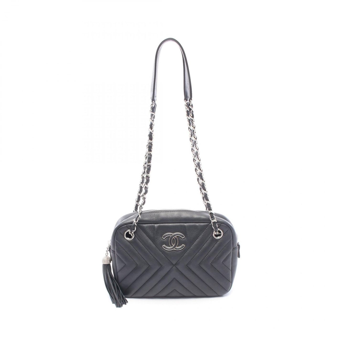 Chanel Shoulder Bag Blanc Stitch Tassel Black Lambskin Quilted Fringe Chain