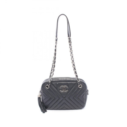 Chanel Shoulder Bag Blanc Stitch Tassel Black Lambskin Quilted Fringe Chain