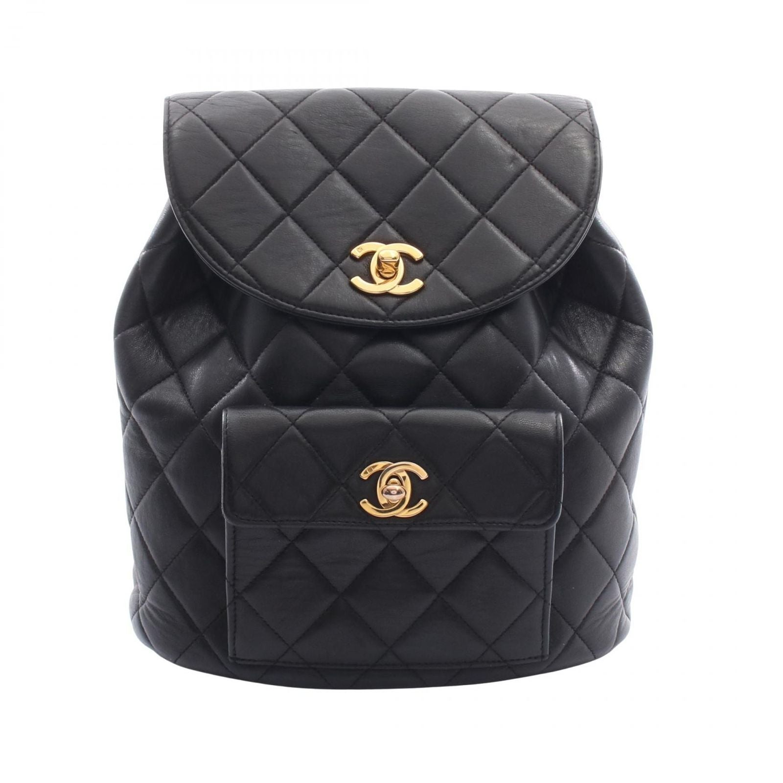 Chanel Backpack Quilted Black Lambskin Double Turnlock Chain