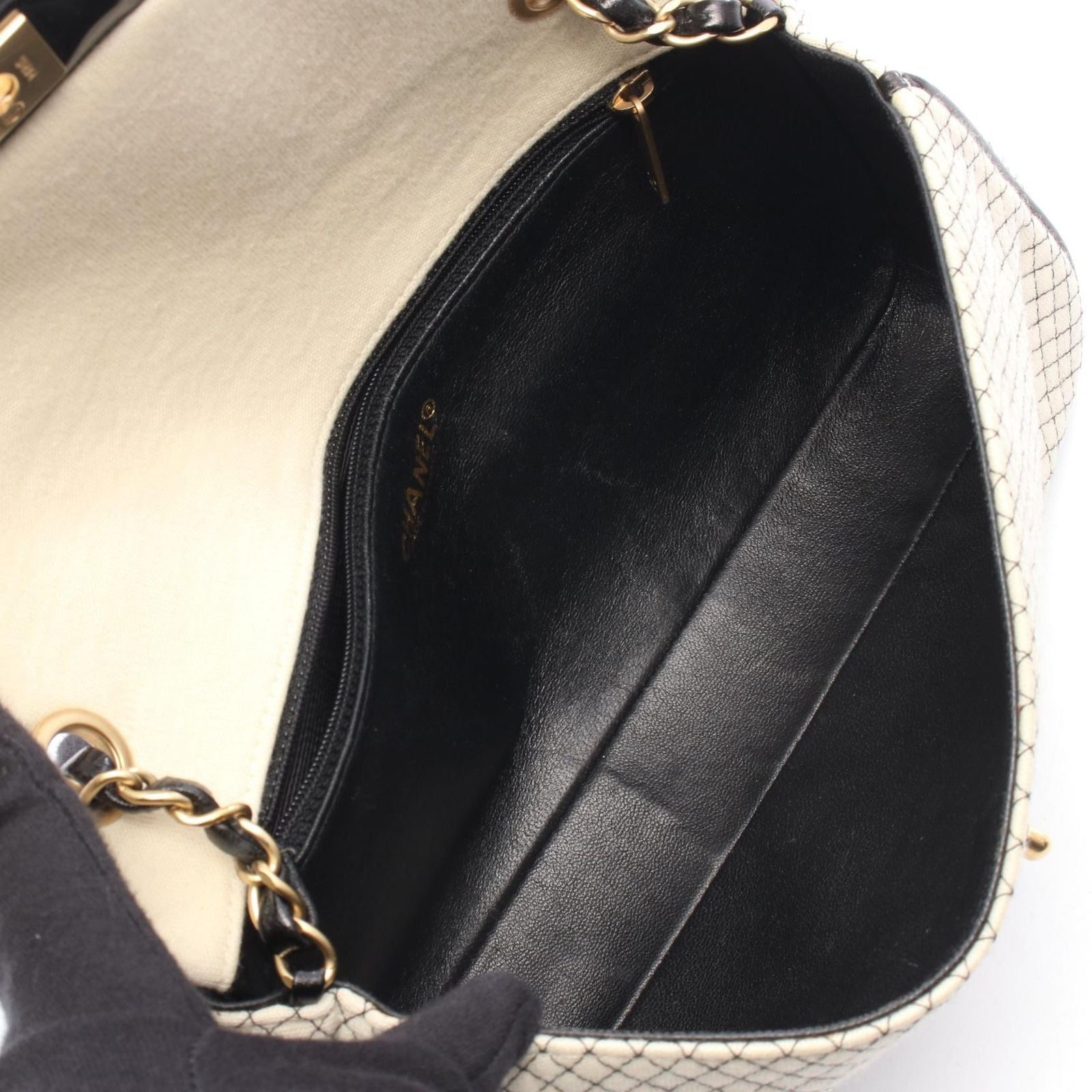Chanel Shoulder Bag East Waist Micro Quilted Off White Black Patent Leather — view 3