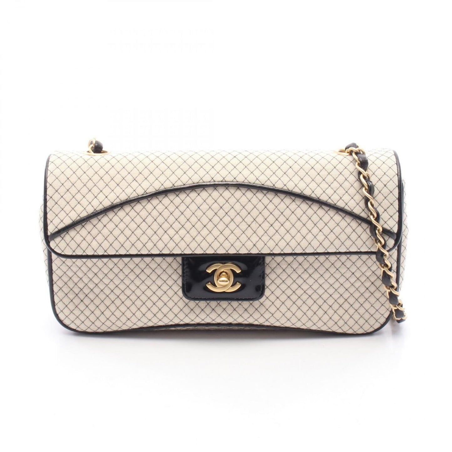 Chanel Shoulder Bag East Waist Micro Quilted Off White Black Patent Leather