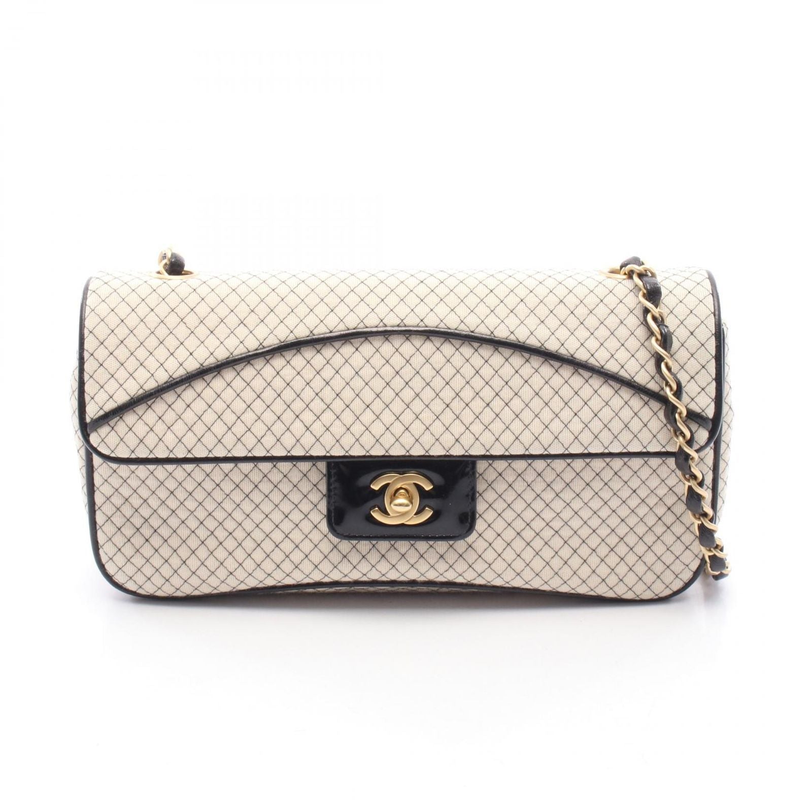 Chanel Shoulder Bag East Waist Micro Quilted Off White Black Patent Leather