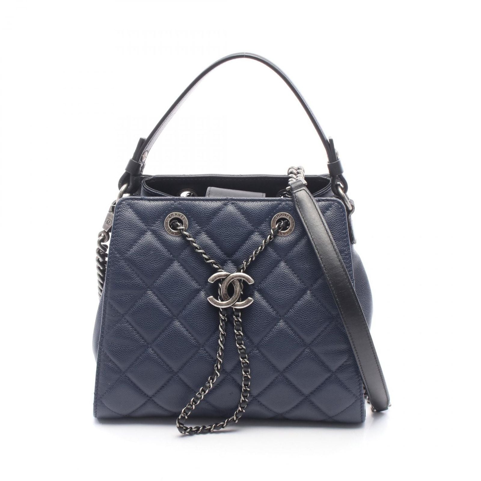 Chanel Handbag CC Bucket Quilted 2-Way Navy Caviar Leather Bag