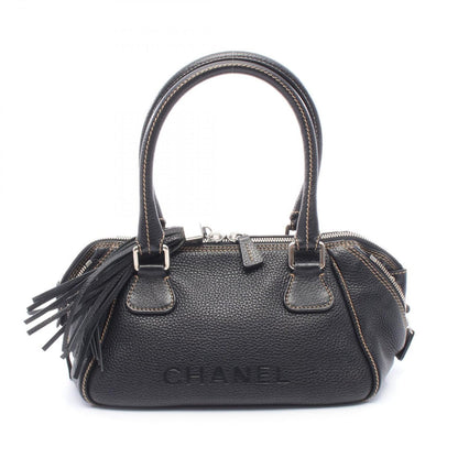 Chanel Handbag Embossed Logo Tassel Black Leather Fringe Hand