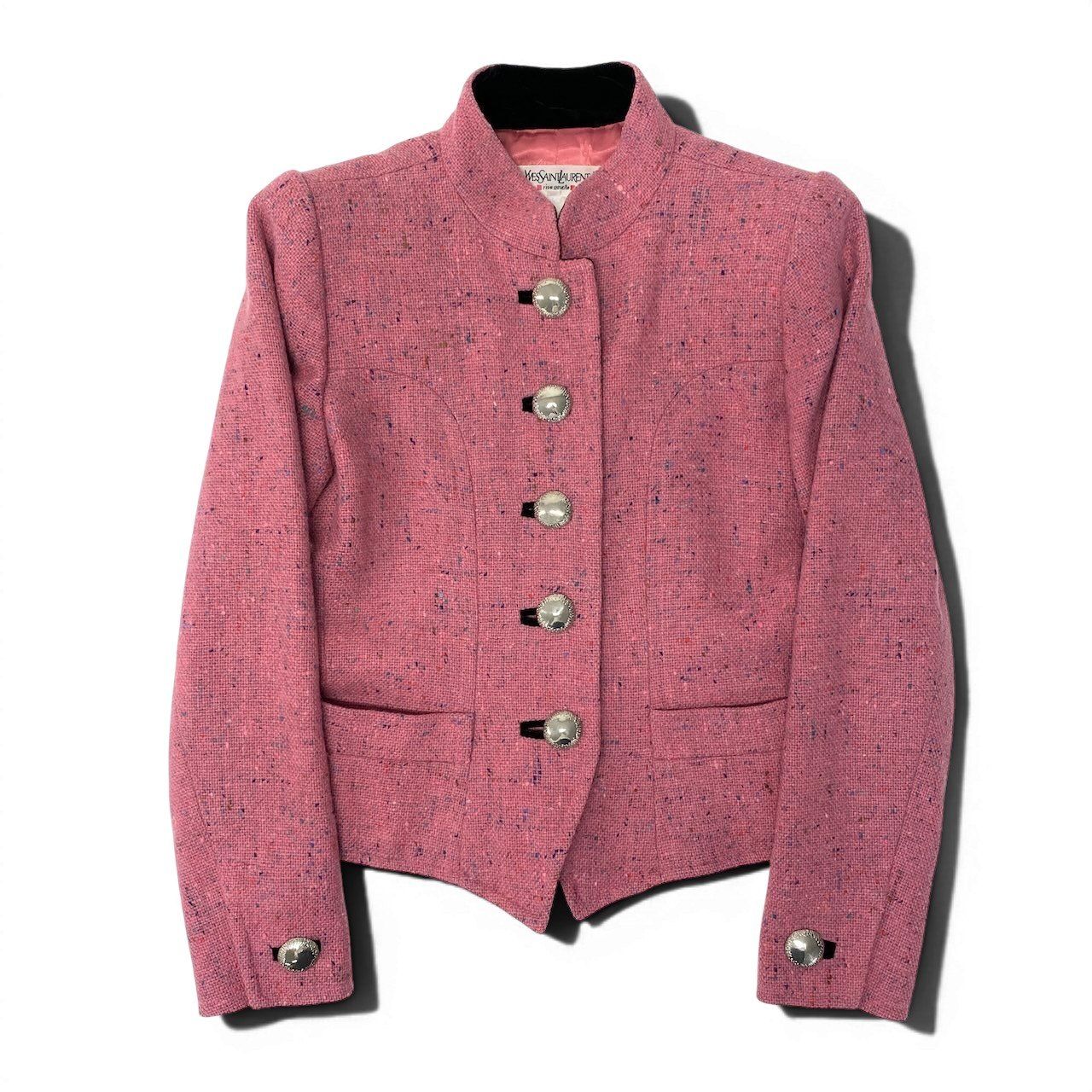 Saint Laurent Yves Vintage Tweed Jacket Stand Collar 34 Pink Wool