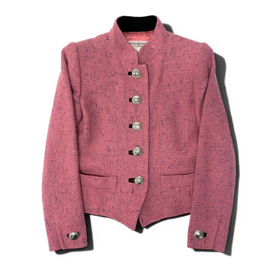 Saint Laurent Yves Vintage Tweed Jacket Stand Collar 34 Pink Wool