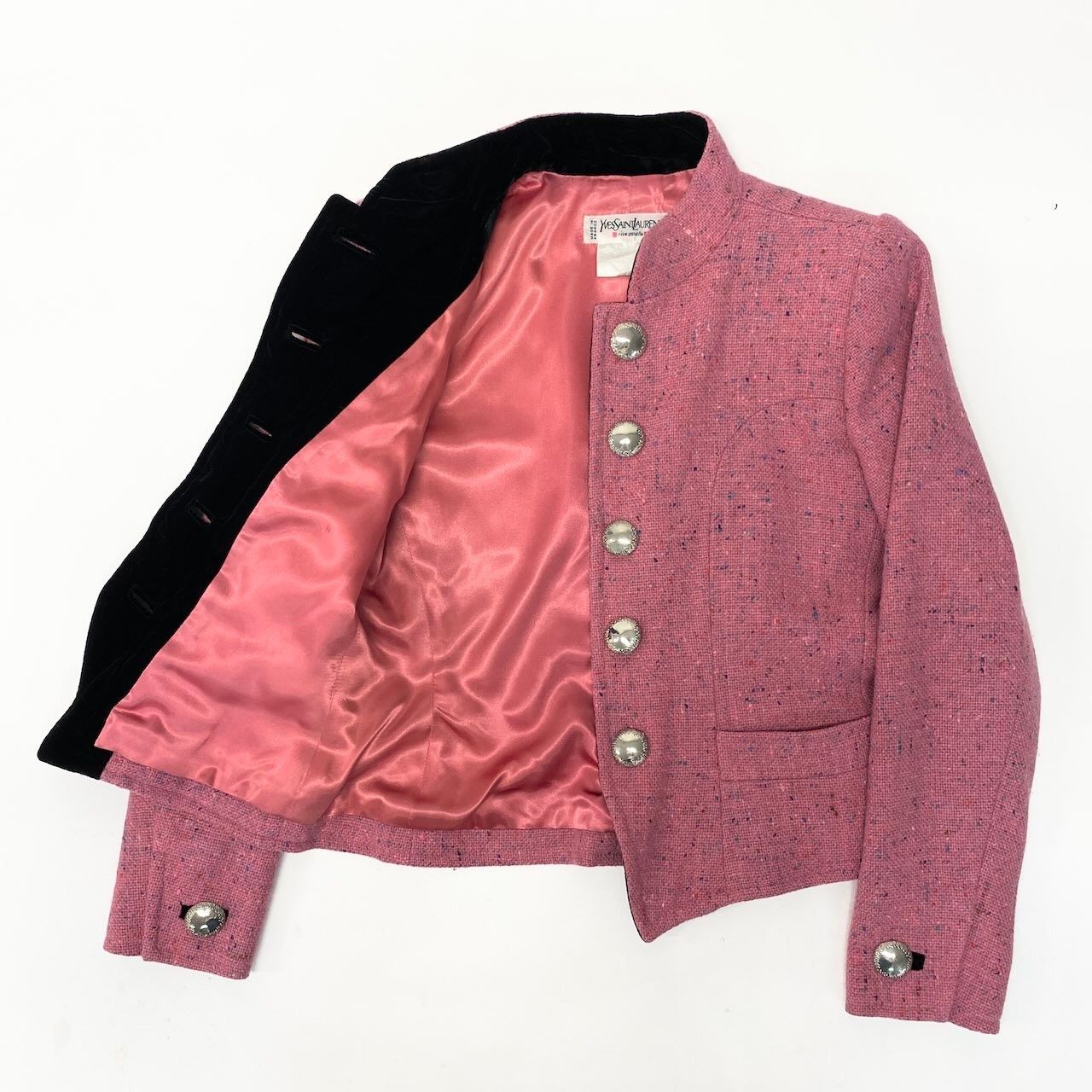 Saint Laurent Yves Vintage Tweed Jacket Stand Collar 34 Pink Wool — view 3