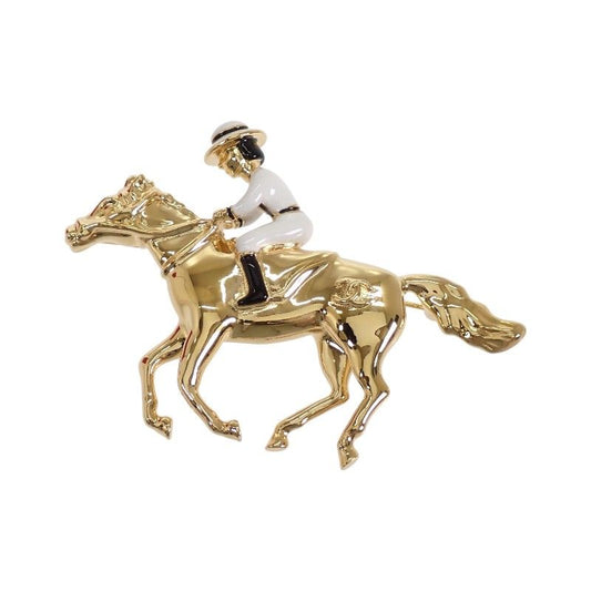 Chanel CC Logo Horse & Jockey Motif Brooch Metal Gold White