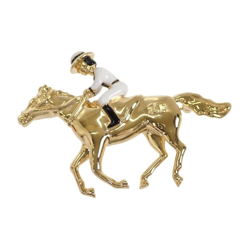 Chanel CC Logo Horse & Jockey Motif Brooch Metal Gold White — view 2