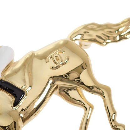 Chanel CC Logo Horse & Jockey Motif Brooch Metal Gold White — view 7