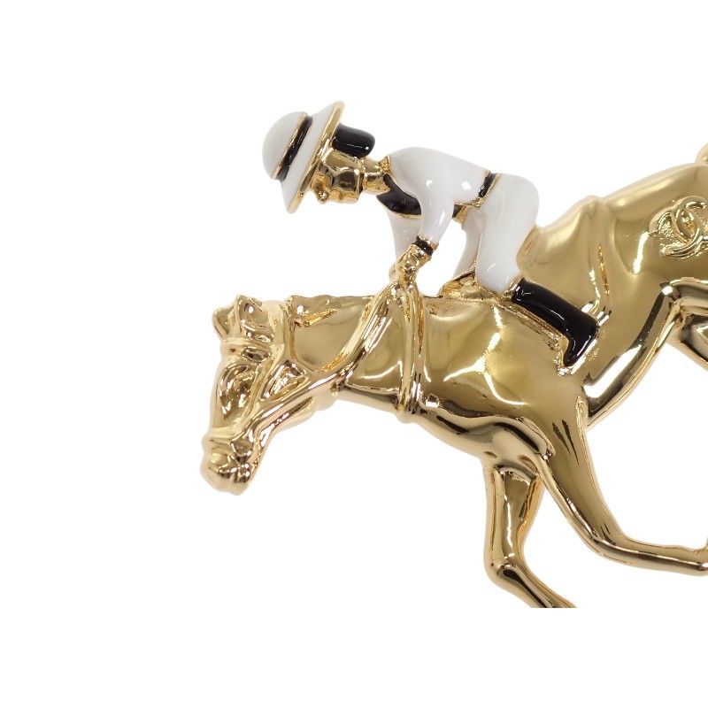 Chanel CC Logo Horse & Jockey Motif Brooch Metal Gold White — view 4