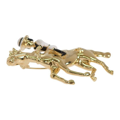 Chanel CC Logo Horse & Jockey Motif Brooch Metal Gold White — view 5