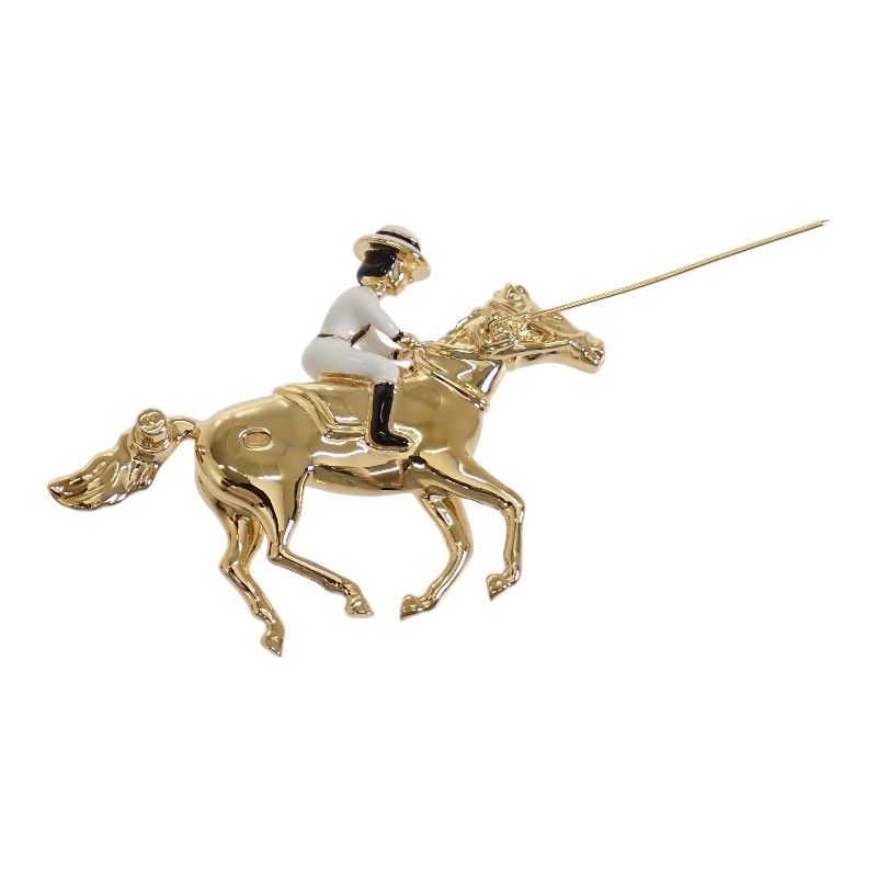 Chanel CC Logo Horse & Jockey Motif Brooch Metal Gold White — view 6