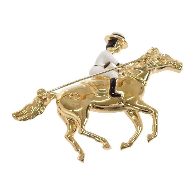 Chanel CC Logo Horse & Jockey Motif Brooch Metal Gold White — view 3
