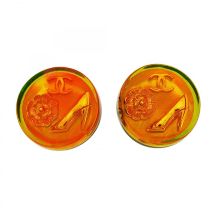 Chanel Earrings Vintage CC Logo Camellia Heels Gold Plated Resin Orange