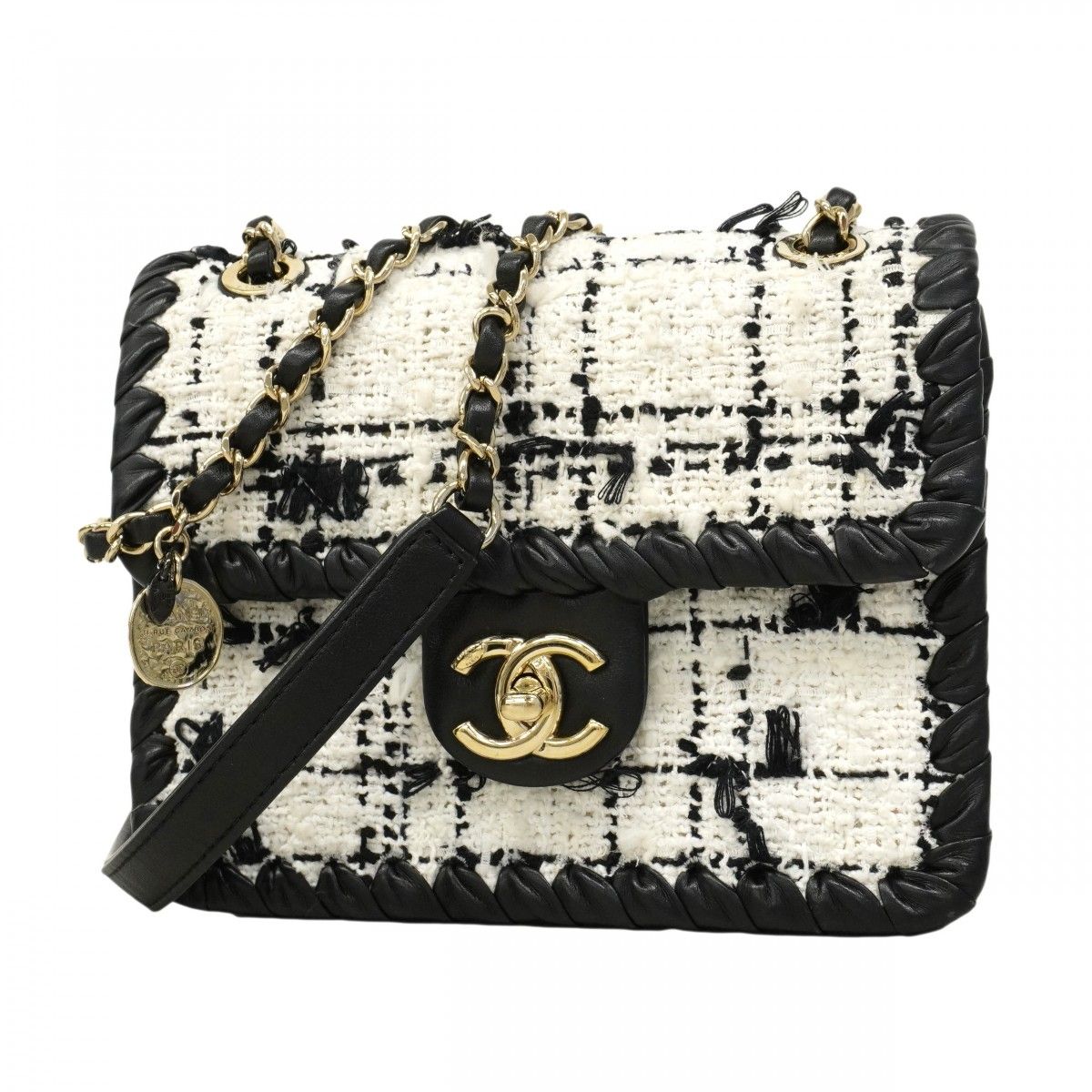 Chanel Shoulder Bag Tweed Black White Champagne Gold