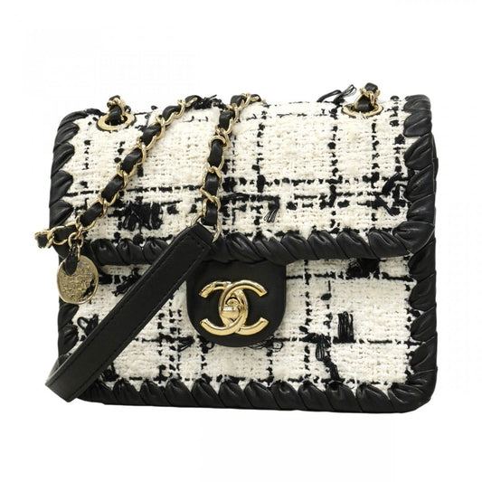 Chanel Shoulder Bag Tweed Black White Champagne Gold