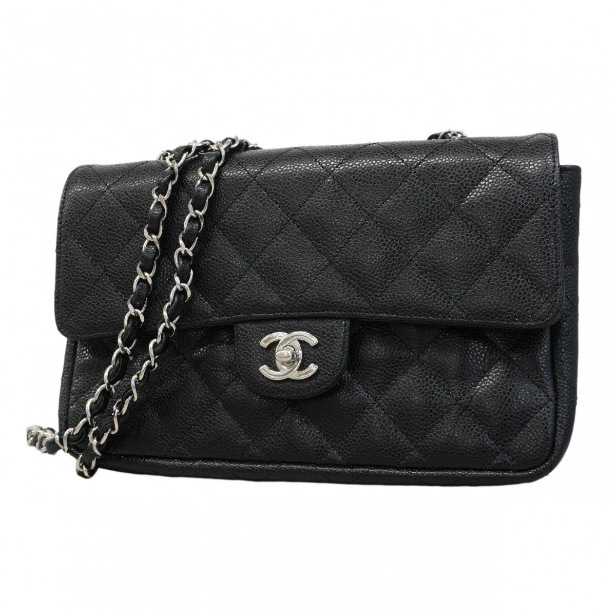 Chanel Shoulder Bag Quilted Caviar Leather Black Silver