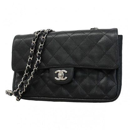 Chanel Shoulder Bag Quilted Caviar Leather Black Silver
