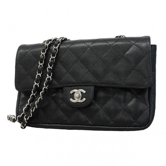 Chanel Shoulder Bag Quilted Caviar Leather Black Silver