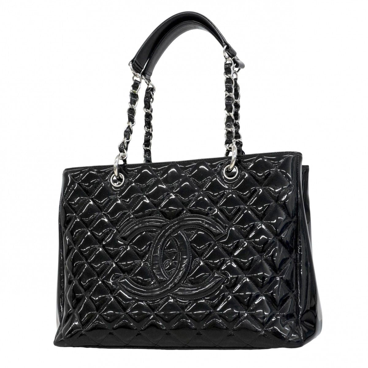 Chanel Chain Tote Quilted Patent Leather Black Silver