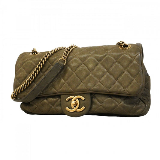 Chanel Shoulder Bag Quilted Leather Khaki Gold