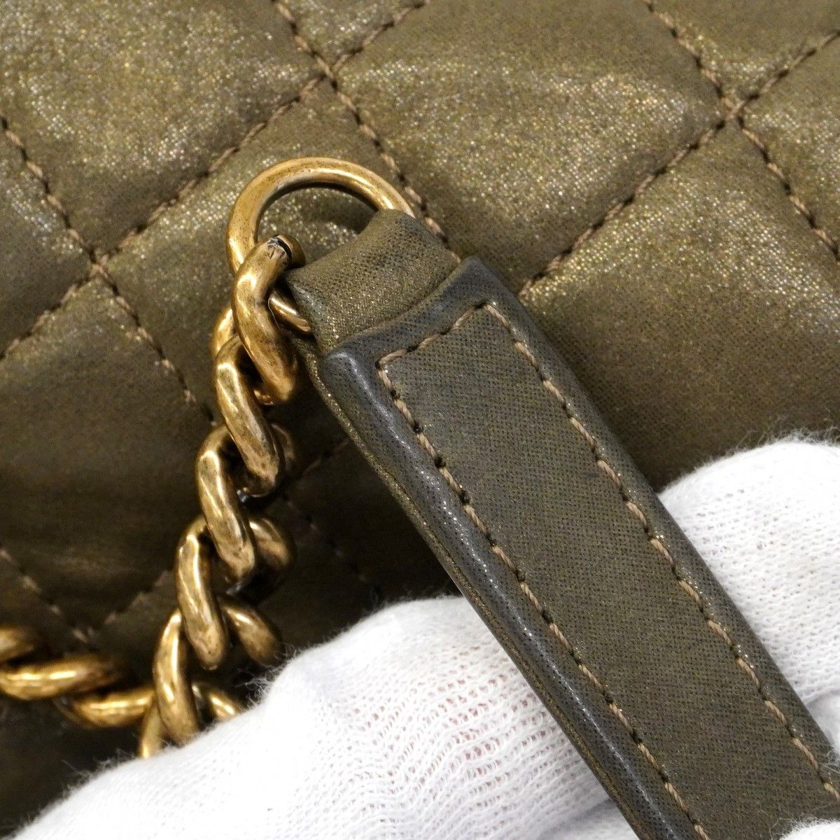 Chanel Shoulder Bag Quilted Leather Khaki Gold — view 8