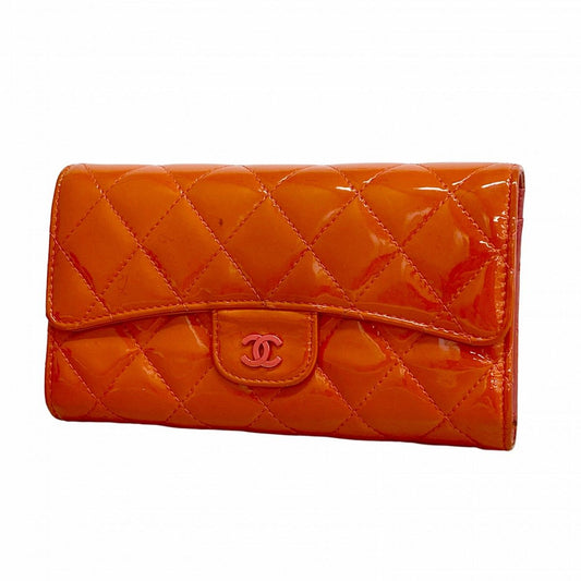 Chanel Wallet Quilted Patent Leather Orange Silver