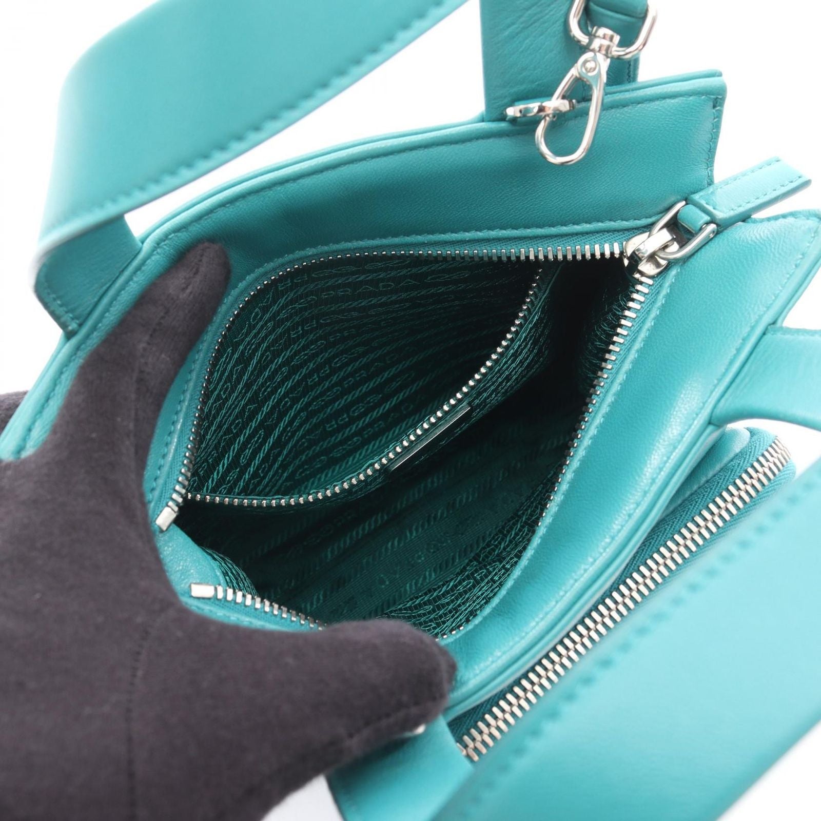 Prada Handbag Nappa Blue Green Leather Triangle Logo 2-Way — view 3