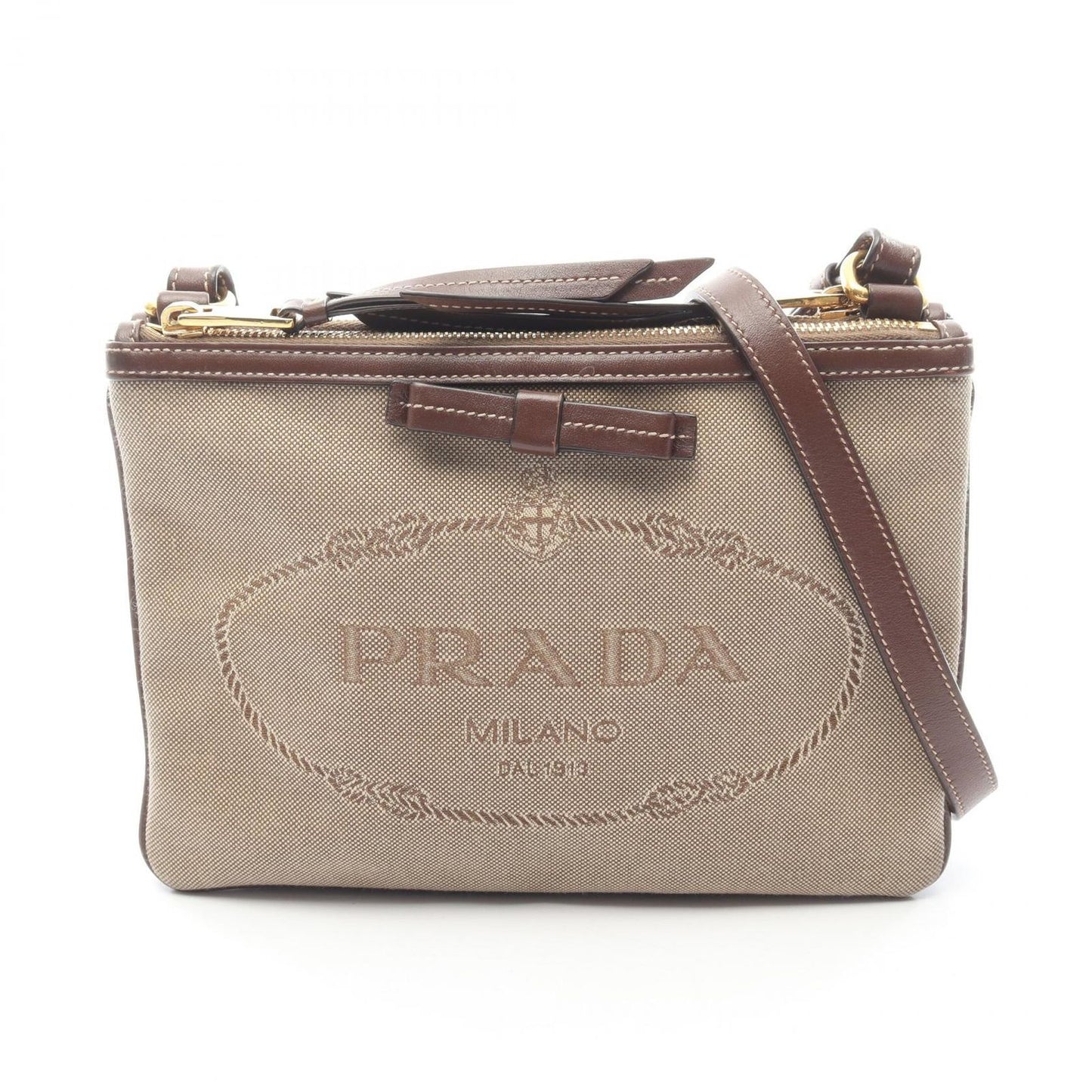 Prada Shoulder Bag Logo Jacquard Beige Brown Canvas Leather