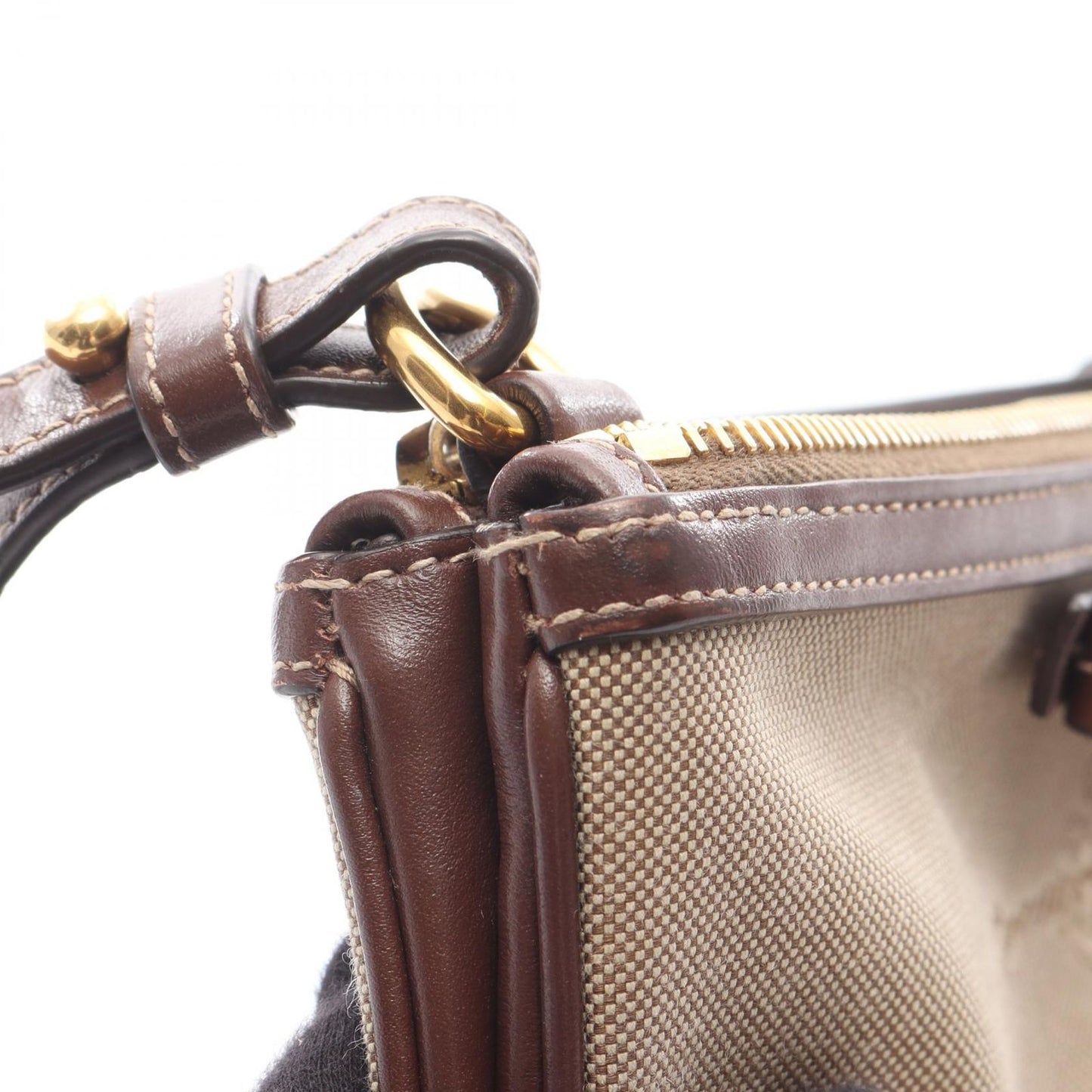Prada Shoulder Bag Logo Jacquard Beige Brown Canvas Leather — view 6
