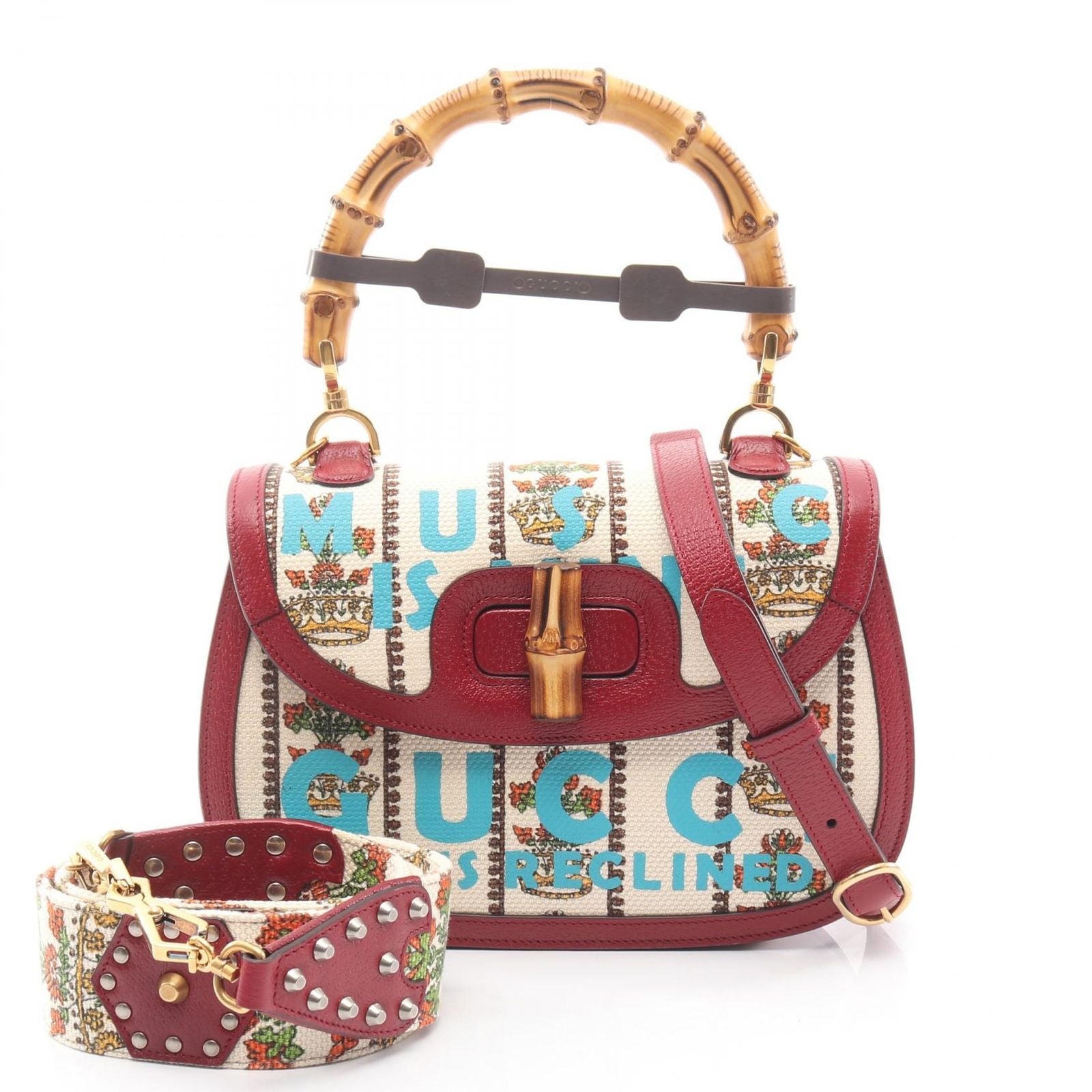 Gucci Handbag Music IS Mine Bamboo White Wine Red Multi Canvas Leather 2-Way