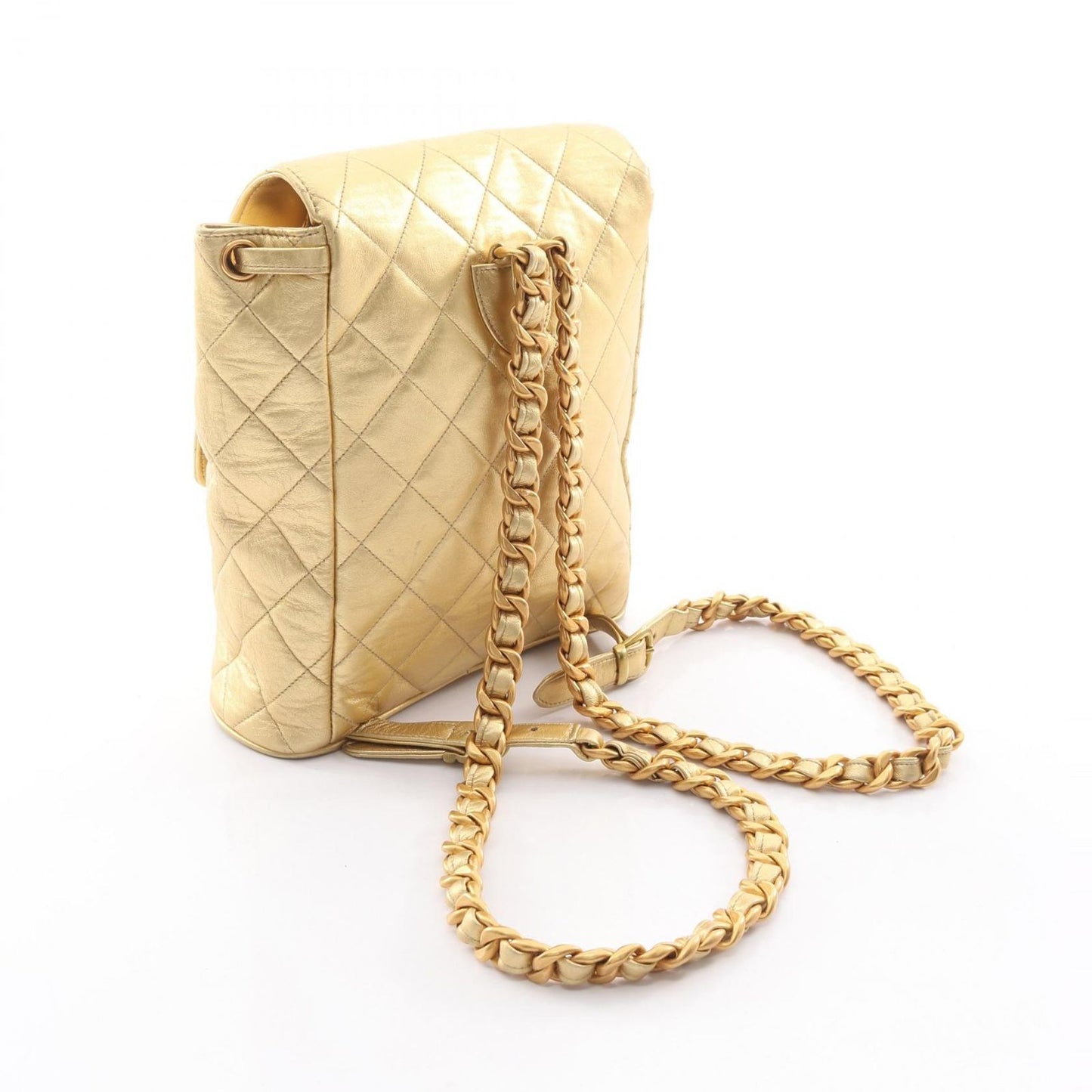 Chanel Backpack Quilted Metallic Gold Leather Double Turnlock Chain — view 2
