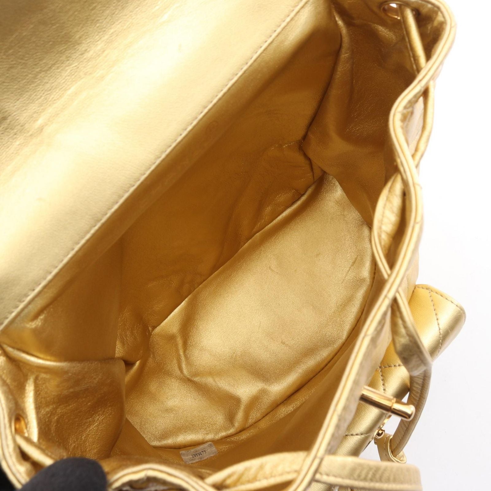 Chanel Backpack Quilted Metallic Gold Leather Double Turnlock Chain — view 3