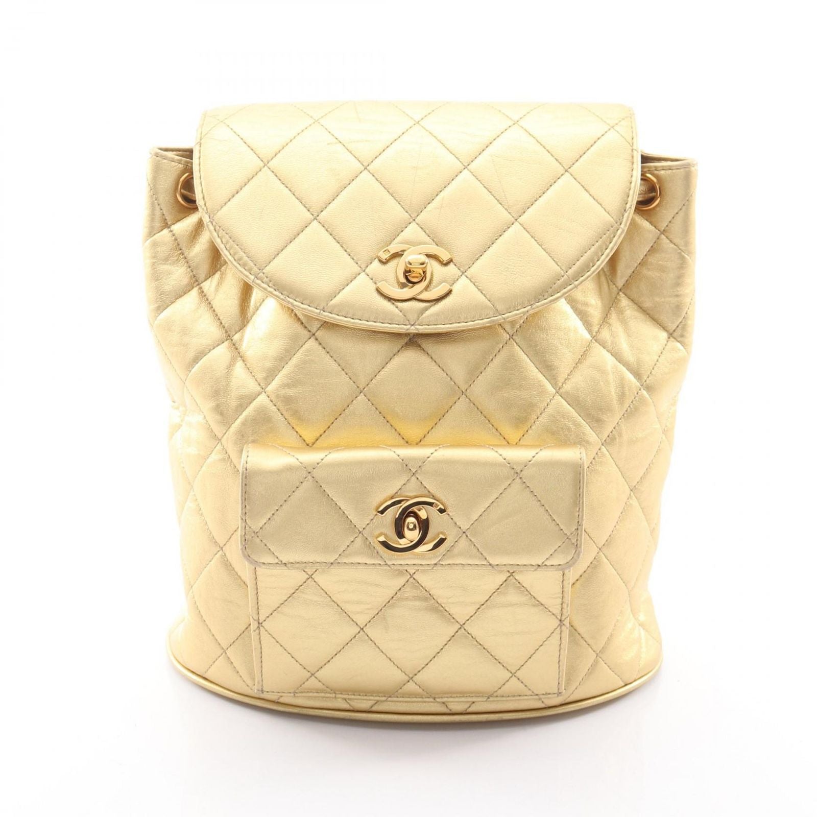 Chanel Backpack Quilted Metallic Gold Leather Double Turnlock Chain