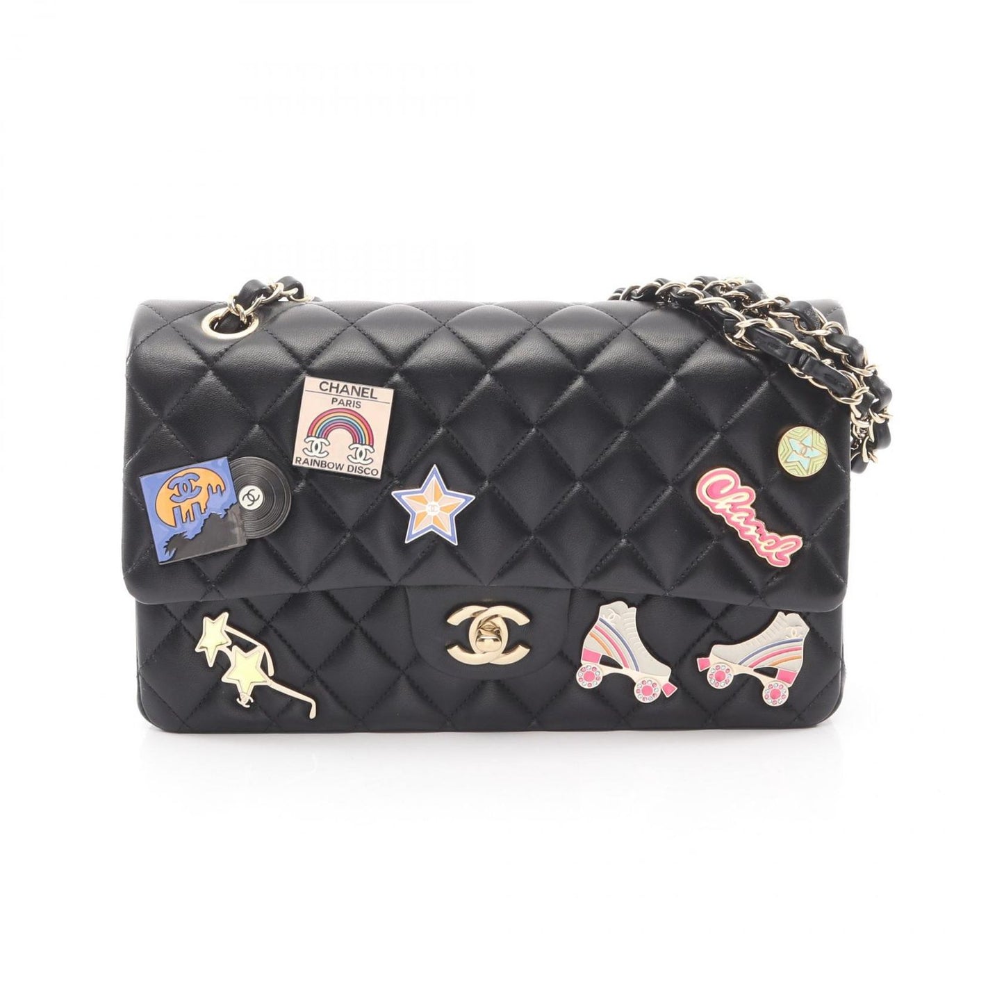 Chanel Shoulder Bag Quilted Double Flap Black Lambskin Chain